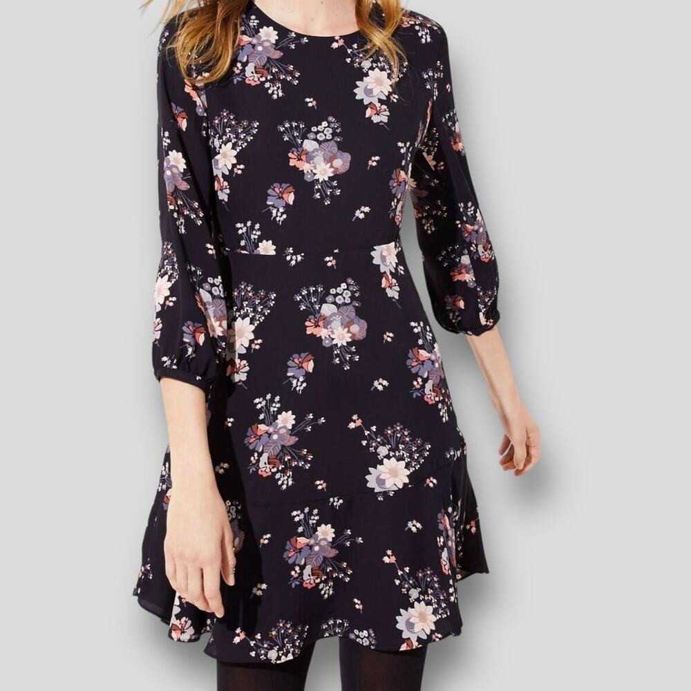 LOFT Black Floral Print Dress Above the Knee Long Sleeve Ruffle Hem Fully Lined